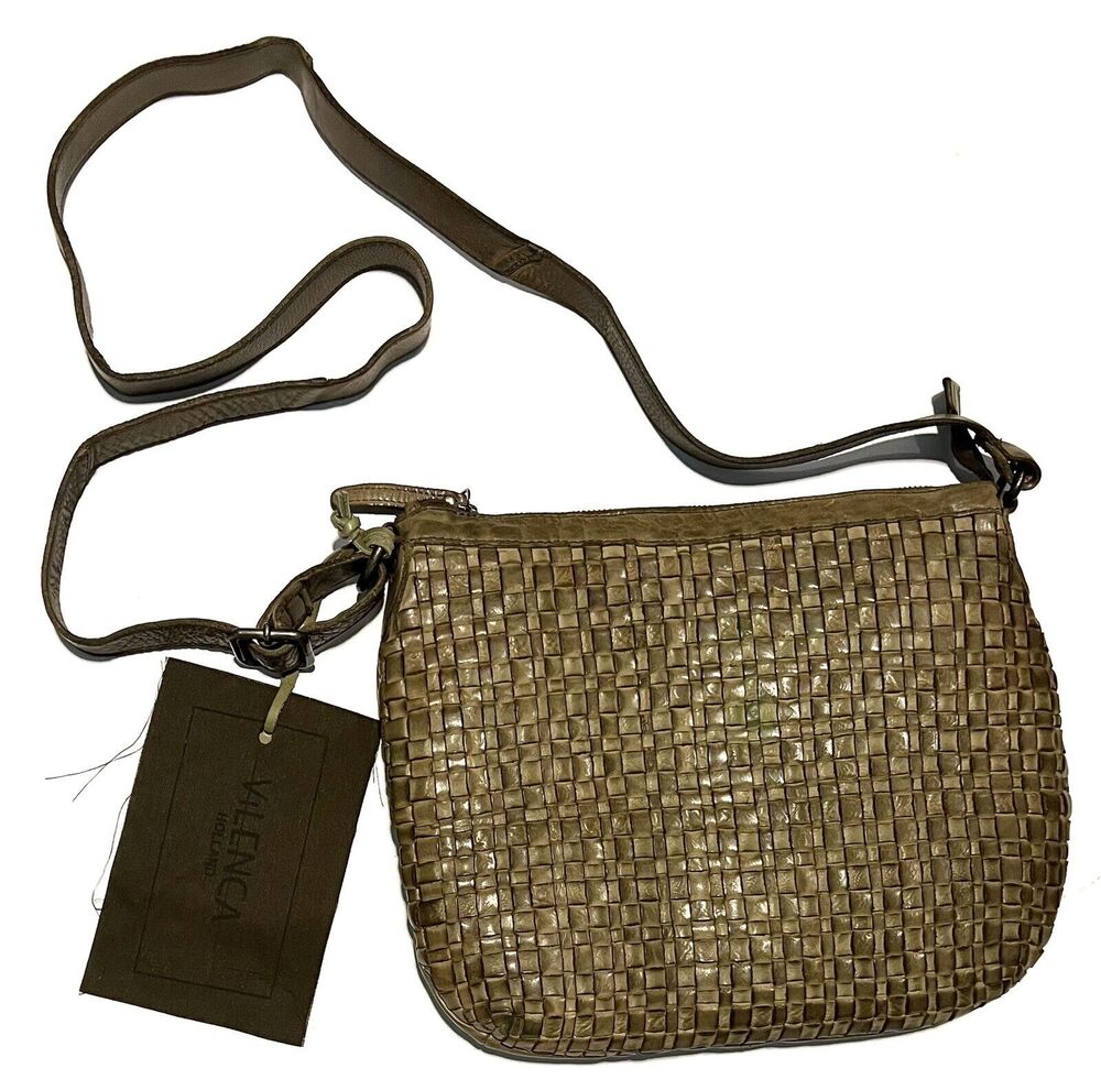 Vilenca Holland Leather Crossbody Shoulder Bag OLIVE GREEN Woven Detail #TK50